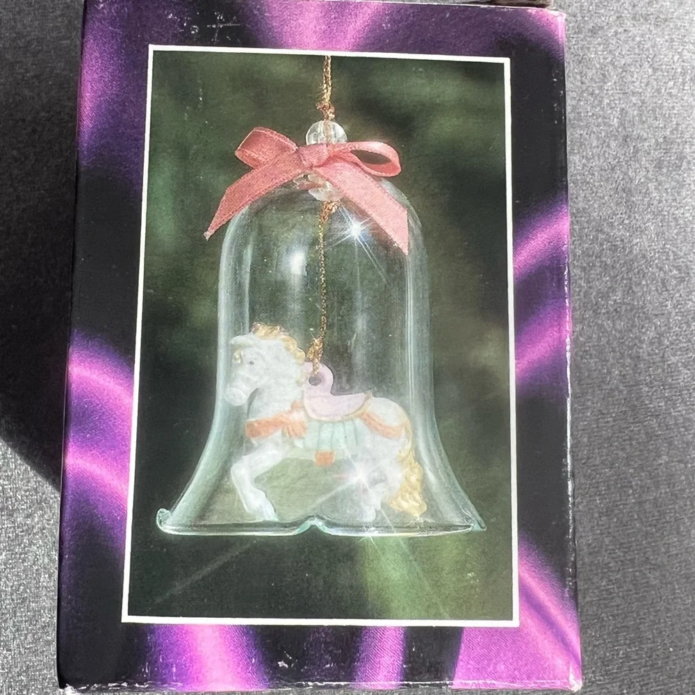 Vintage Carrousel Ornament Crystal Bell Porcelain Bisque Horses in box
